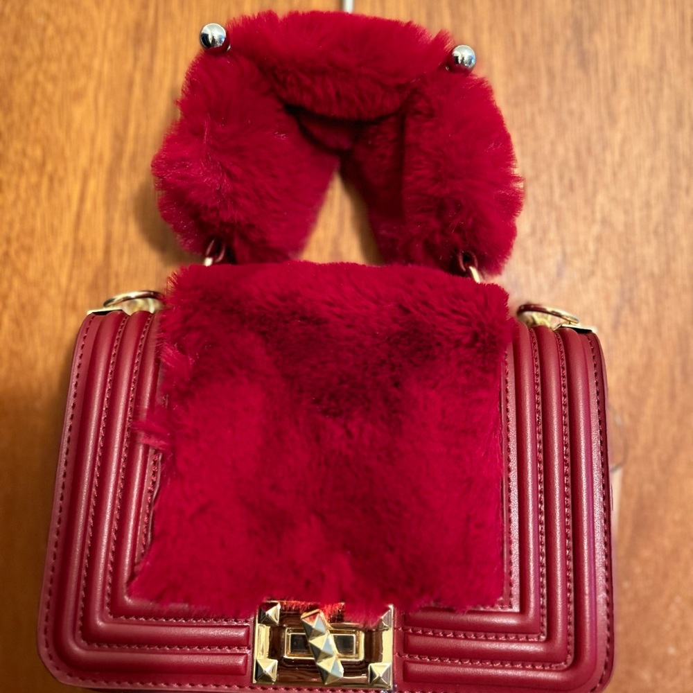 Hello 3 Alvi Fancy Burgundy Purse with Soft Faux Fur & Gold Chain Straps (New).